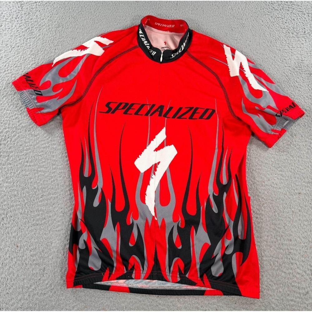 Specialized Cycling Jersey Men‎ Medium Red Flames Graphic Three Rear Pockets Zip